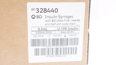 BD 328440 Insulin Syringes W/Ultra Fine Ndle 0.3mL, 31G x 5/16In - Box of 100